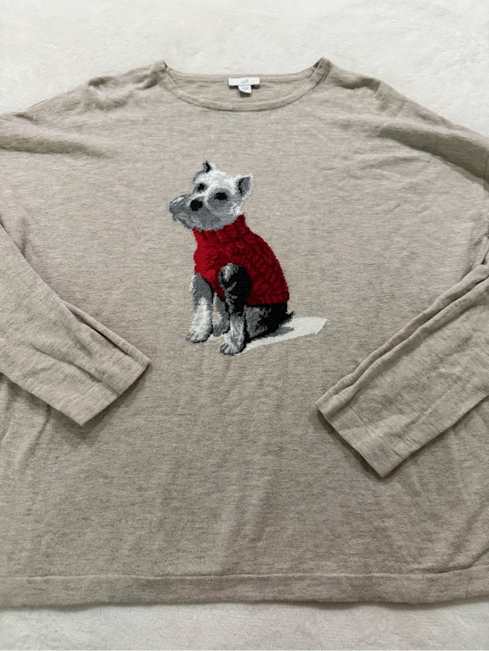 J.Jill Weston Dog Sweater M Schnauzer Intarsia Knit Crew Neck Beige Pullover D81